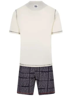 Pyjama court en coton beige imprimé vélo à coupe droite et col tunisien