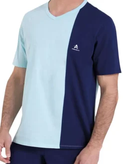 Pyjama court en coton bleu bicolore à coupe droite avec un col v