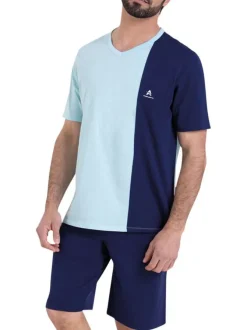 Pyjama court en coton bleu bicolore à coupe droite avec un col v