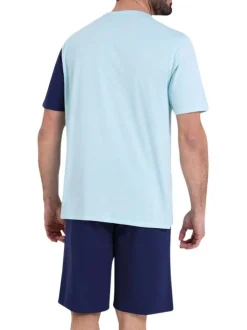 Pyjama court en coton bleu bicolore à coupe droite avec un col v