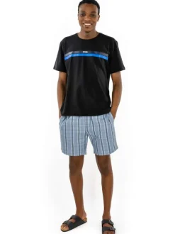Pyjama court en coton bleu à carreaux à col rond et avec une coupe fermée
