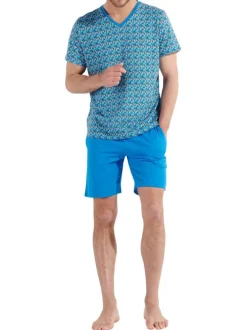 Pyjama court en coton bleu imprimé géométrique à coupe fermée et col v