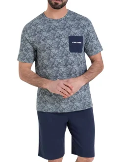 Pyjama court en coton bleu marine à imprimé végétal avec col rond et logo blanc