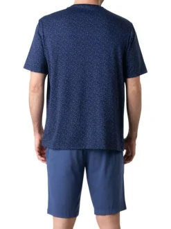 Pyjama court en coton bleu marine à minis motifs avec un col rond