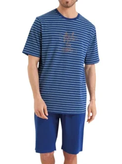Pyjama court en coton bleu nuit rayé avec une coupe droite et un col rond