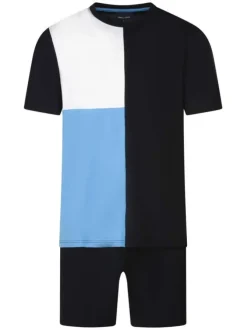 Pyjama court en coton bleu nuit tricolore à coupe fermée et col rond