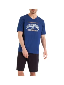 Pyjama court en coton bleu nuit uni avec une coupe droite et un col V