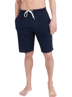 Pyjama court en coton bleu à rayures pourvu d'une coupe droite et d'un col rond