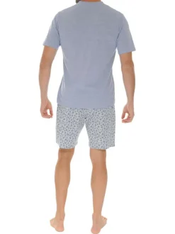 Pyjama court en coton bleu uni avec imprimé fleuri sur le bas