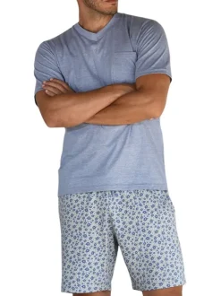 Pyjama court en coton bleu uni avec imprimé fleuri sur le bas