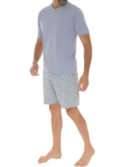 Pyjama court en coton bleu uni avec imprimé fleuri sur le bas