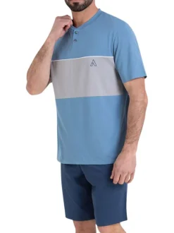 Pyjama court en coton bleu uni à coupe droite avec un col tunisien