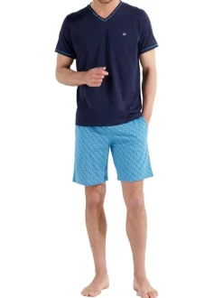Pyjama court en coton bleu uni coupe fermée avec col v et poches latérales