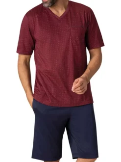 Pyjama court en coton bordeaux à pois avec une coupe fermée et un col en V
