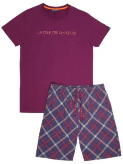 Pyjama Court en coton bordeaux vichy coupe régular avec un col v et des inscriptions floqué sur la poitrine
