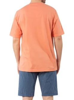Pyjama court en coton corail à rayures avec un col v et une coupe droite