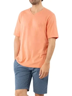 Pyjama court en coton corail à rayures avec un col v et une coupe droite