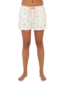Pyjama court en coton écru imprimé filets à fruits avec un col rond