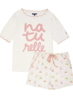 Pyjama court en coton écru imprimé filets à fruits avec un col rond