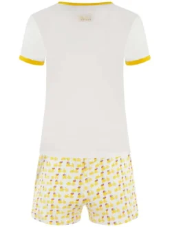 Pyjama Court en coton jaune avec tee-shirt blanc uni et short imprimé