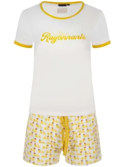 Pyjama Court en coton jaune avec tee-shirt blanc uni et short imprimé
