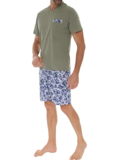 Pyjama court en coton kaki avec un imprimé fleuri et une coupe fermée