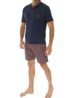 Pyjama court en coton marine avec des carreaux sur le bas et une coupe fermée