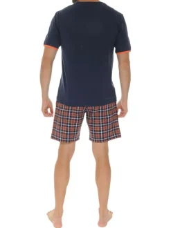 Pyjama court en coton marine avec des carreaux sur le bas et une coupe fermée