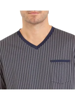 Pyjama court en coton marine imprimé avec coupe droite et col V Made in France