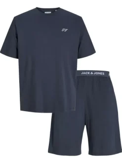Pyjama court en coton marine uni avec une coupe droite et un col rond