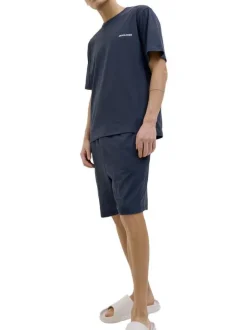 Pyjama Court en coton marine uni avec une coupe fermée et un col rond