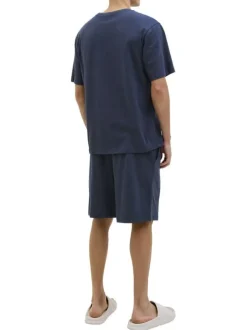 Pyjama Court en coton marine uni avec une coupe fermée et un col rond