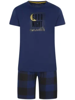 Pyjama Court en coton marine vichy coupe régular avec un col rond et des liens jaunes à resserrer à la taille