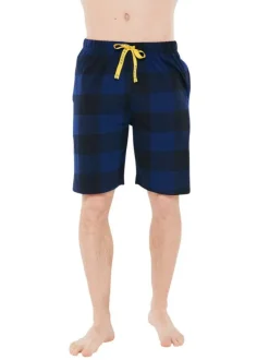 Pyjama Court en coton marine vichy coupe régular avec un col rond et des liens jaunes à resserrer à la taille