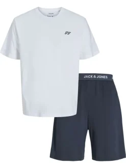 Pyjama court en coton mélangé blanc et bleu avec une coupe droite