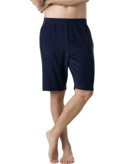 Pyjama court en coton mélangé marine uni pourvu d'un col à revers