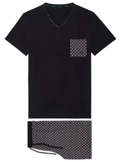Pyjama court en coton noir imprimé géiométrique avec coupe fermée et col v