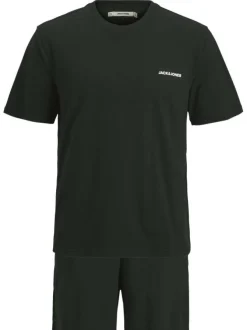 Pyjama Court en coton noir uni avec une coupe fermée et un col rond