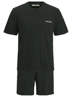 Pyjama Court en coton noir uni avec une coupe fermée et un col rond