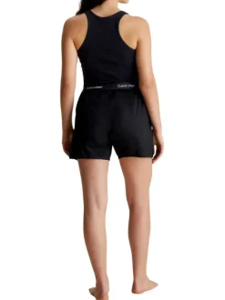 Pyjama court en coton noir uni coupe droite col rond et ceinture élastiquée