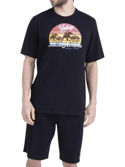 Pyjama court en coton noir uni pourvu d'un col rond et d'une coupe droite