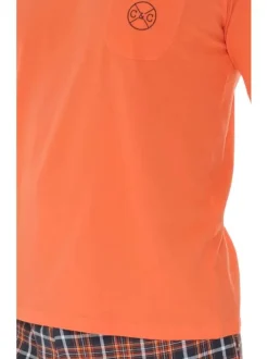 Pyjama court en coton orange avec un bas à carreaux et une coupe fermée