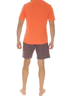 Pyjama court en coton orange avec un bas à carreaux et une coupe fermée