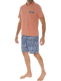 Pyjama court en coton orange avec un bas fleuri et une coupe fermée