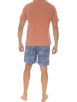 Pyjama court en coton orange avec un bas fleuri et une coupe fermée