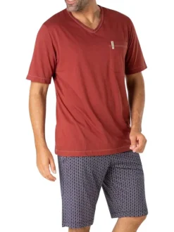 Pyjama court en coton rouge brique à petits motifs avec un col v