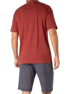 Pyjama court en coton rouge brique à petits motifs avec un col v