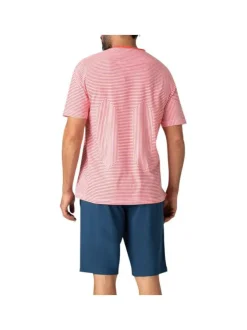 Pyjama court en coton rouge rayé à coupe fermée un col rond et made in France