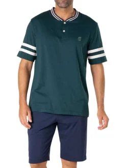 Pyjama court en coton vert sapin uni à col tunisien avec des liserés