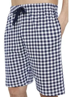 Pyjama court marine en coton avec une coupe fermée à motifs carreaux